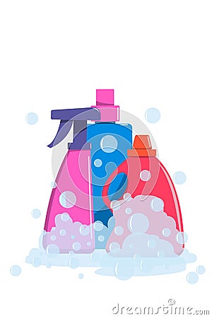 A variety of detergents in soap foam standing Cartoon Illustration